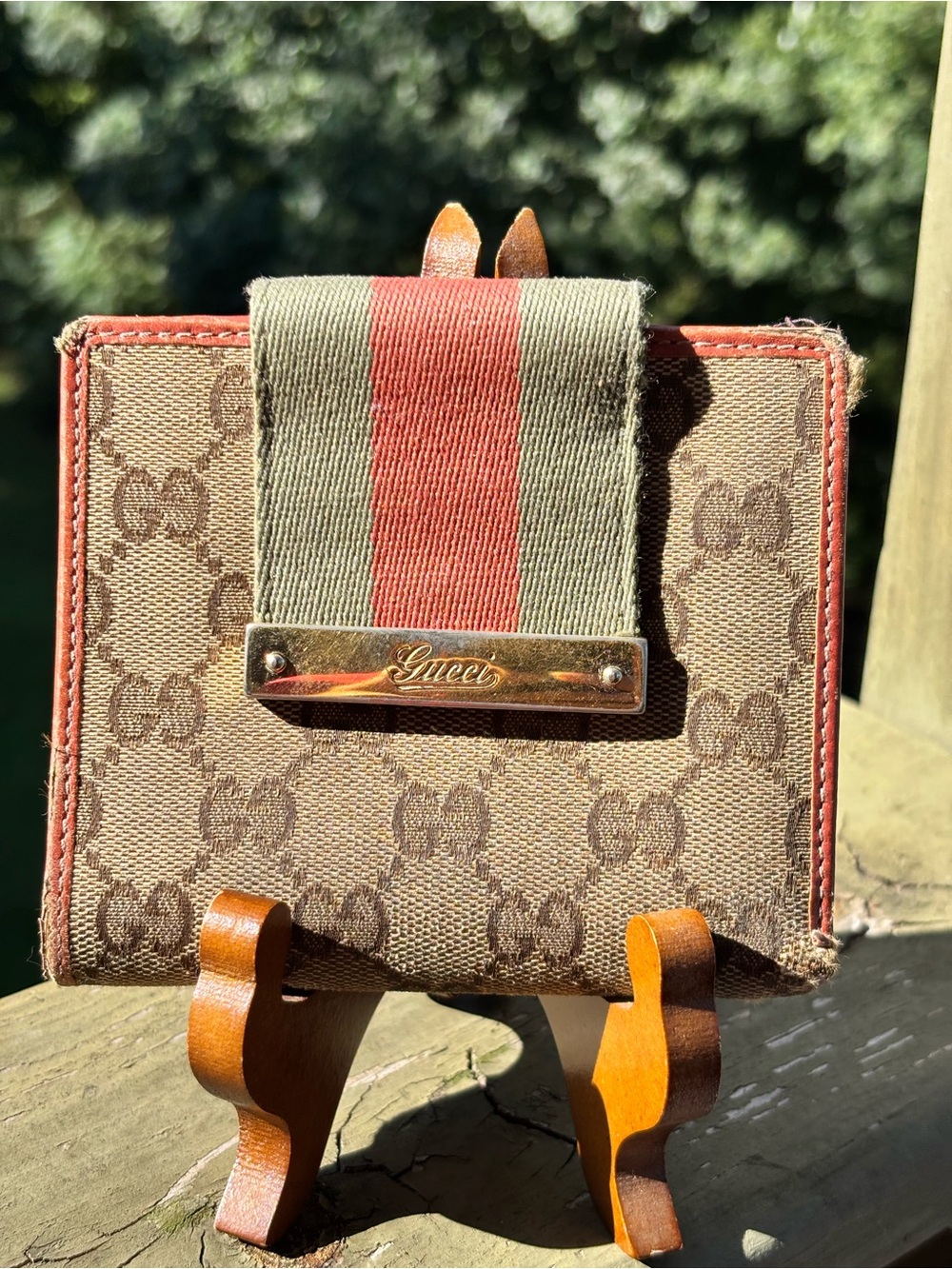 Gucci Brown Monogram Canvas Wallet with Red and Green Web